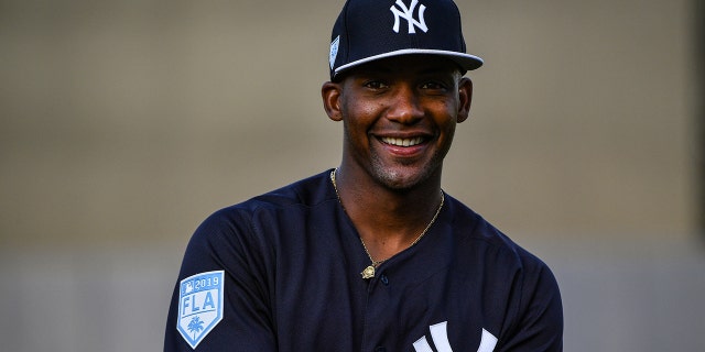 Miguel Andujar # 41 of the New York Yankees might need a surgery for a tear in the right shoulder.