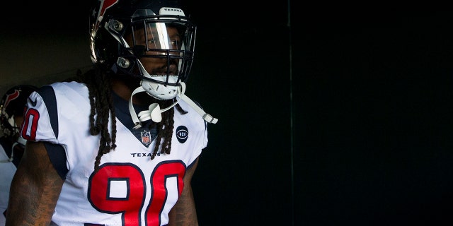Jadeveon Clowney #90 of the Houston Texans walks on the field prior to the game against the Philadelphia Eagles at Lincoln Financial Field on December 23, 2018 in Philadelphia, Pennsylvania. The Eagles defeated the Texans 32-30.
