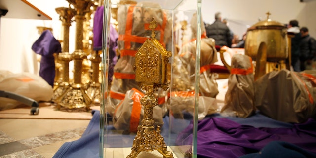 PARIS, FRANCE - APRIL 16: Historical artifacts that were saved from Notre-Dame de Paris cathedral are stored in a room of the Paris City Hall on April 16, 2019 in Paris, France. A fire broke out on Monday afternoon and quickly spread across the building, collapsing the spire. The cause is unknown but officials said it was possibly linked to ongoing renovation work.