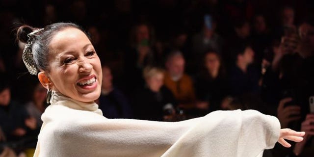 US model Pat Cleveland presents a creation during the Laura Biagiotti's women's Fall/Winter 2019/2020 collection fashion show, on February 24, 2019 in Milan.
