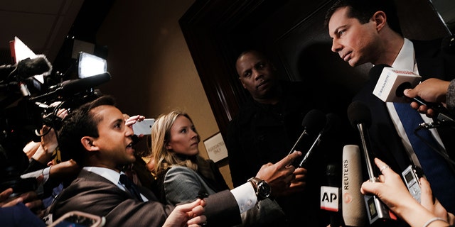 NEW YORK, NEW YORK - APRIL 04: Democratic presidential hopeful South Bend, Indiana mayor Pete Buttigieg speaks to the media at the National Action Network's annual convention on April 4, 2019 in New York City. (Photo by Spencer Platt/Getty Images)