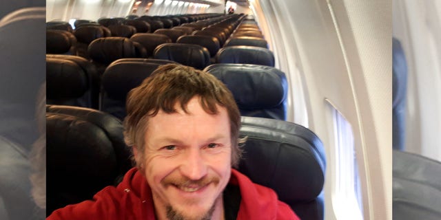 Skirmantas Strimaitis, pictured here taking a selfie, took off from Lithuania on March 16 as the only passenger aboard a Boeing 737-800 airplane.