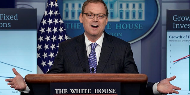 FILE - Trump economic adviser Kevin Hassett gestures as he speaks during a news briefing at the White House in Washington, U.S., September 10, 2018.