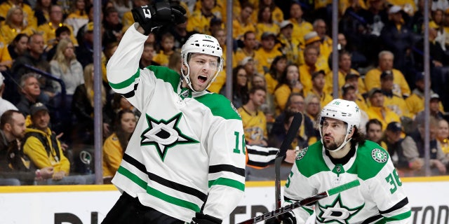 Dallas Stars center Jason Dickinson (16) celebrates after scoring a goal against the Nashville Predators during the first period in Game 5 of an NHL hockey first-round playoff series Saturday, April 20, 2019, in Nashville, Tenn. (AP Photo/Mark Humphrey)