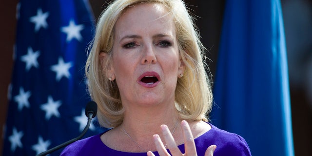 Outgoing Homeland Security Secretary Kirstjen Nielsen speaks at the dedication ceremony at the Homeland Security headquarters Center Building at the old St. Elizabeths Hospital, Wednesday, April 10, 2019, in Washington. (AP Photo/Alex Brandon)