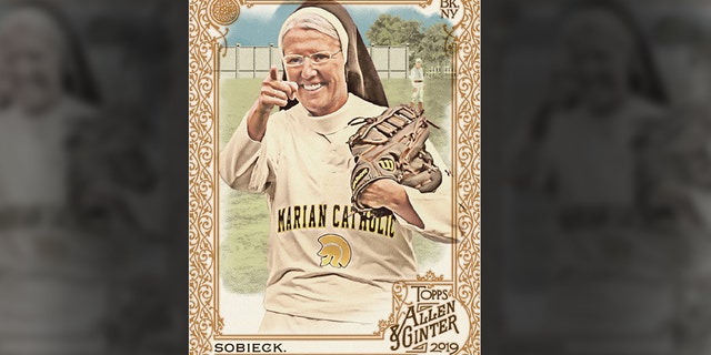Sister Mary Jo Sobieck, a nun who threw a perfect pitch last summer, featured on her very own Topps baseball card.