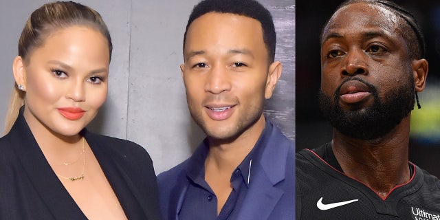 Whoops! Miami Heat player Dwyane Wade accidentally crashed into Chrissy Teigen and her husband John Legend as the pair was sitting courtside at the Tuesday night game in Miami, Fla.