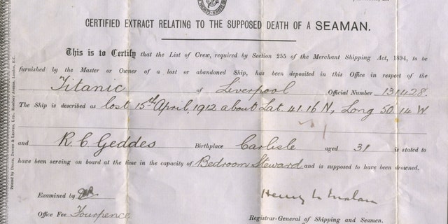 An official document describing Geddes "supposed death" on Titanic. (Henry Aldridge and Son)