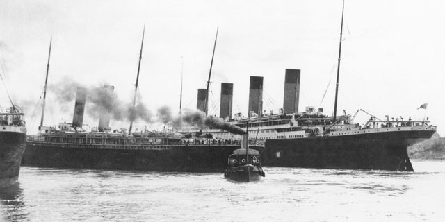 The Titanic (right) and the SS City of New York come "within an ace" of colliding with each other at Southampton as Titanic departed on its ill-fated maiden voyage, April 10, 1912.
