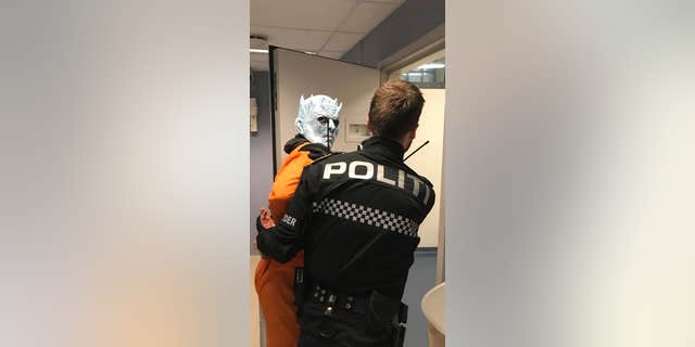 The Night King from HBO's "Game of Throne" getting his mugshot taken after his "arrest" by the Trondheim Police in Norway.