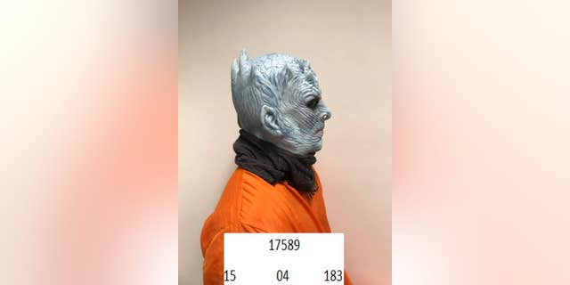 The Night King from HBO's "Game of Throne" getting his mugshot taken after his "arrest" by the Trondheim Police in Norway.