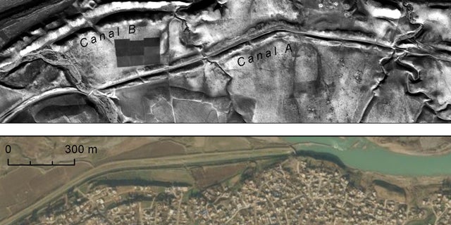 At top, canals and site on the right bank of the Upper Zab River, photographed by a U2 spy plane on Jan. 20, 1960. At bottom, DigitalGlobe image showing the growth of the modern town of Khabat over the same features. (Emily Hammer and Jason Ur)