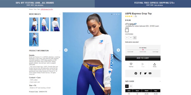 The collection, called “Forever 21 X USPS,” features jackets, shorts, joggers and several tops — many of which are of the crop- or tube-top variety.