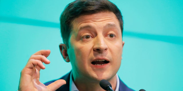 Ukrainian comedian and presidential candidate Volodymyr Zelenski speaks to his supporters at his headquarters after the second round of presidential elections in Kiev, Ukraine, Sunday, April 21, 2019.
