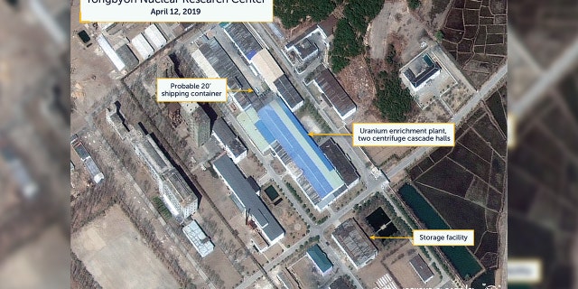 A view of what researchers of Beyond Parallel, a CSIS project, describe as a probably 20-foot shipping container near the uranium enrichment plant at the Yongbyon Nuclear Research Center in North Pyongan Province, North Korea, in this commercial satellite image taken April 12, 2019 and released April 16.&nbsp;