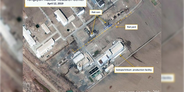 A view of what researchers of Beyond Parallel, a CSIS project, describe as specialized rail cars at the Yongbyon Nuclear Research Center in North Pyongan Province, North Korea, in this commercial satellite image taken April 12, 2019 and released April 16, 2019.