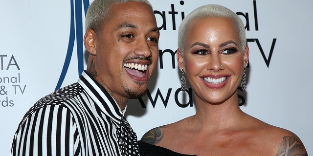 Alexander "AE" Edwards and Amber Rose attend the National Film and Television Awards Ceremony at the Globe Theatre on Dec. 5, 2018 in Los Angeles.