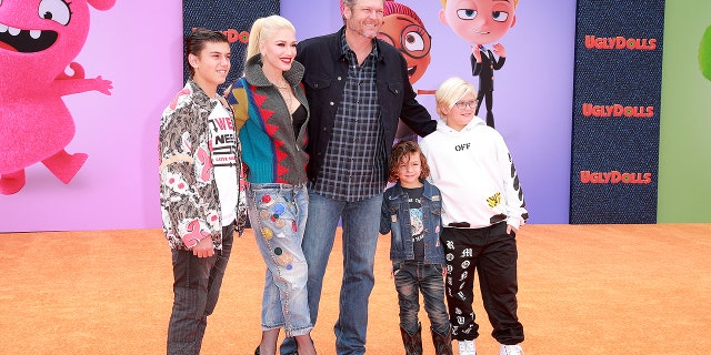 Kingston Rossdale, Gwen Stefani, Blake Shelton, Apollo Bowie Flynn Rossdale and Zuma Nesta Rock Rossdale attend the STX Films World Premiere "UglyDolls" at Regal Cinemas LA Live on April 27, 2019.