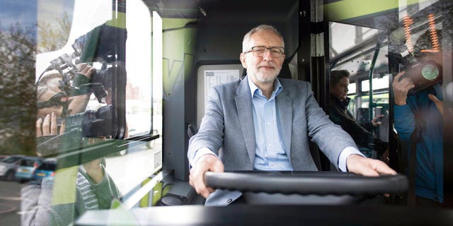 Britain's Labour leader Jeremy Corbyn is filmed on an 'eco bus' in Nottingham, England, Thursday April 25, 2019.