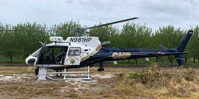 A CHP helicopter is stationed near where two teenage boys were electrocuted while trying to rescue a dog from an irrigation canal at an orchard in Dixon, Calif. (California Highway Patrol/Via AP)