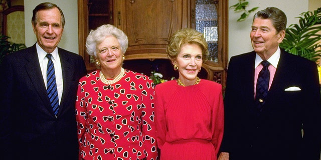 Former President George H.W. Bush and former first lady Barbara Bush reunite with former White House mates President Ronald and former first lady Nancy Reagan during Republican National. Convention in April 1992.