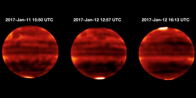 Sensitive to Jupiter's stratospheric temperatures, these infrared images were recorded by the Cooled Mid-Infrared Camera and Spectrograph (COMICS) at the Subaru Telescope on the summit of Mauna Kea, Hawaii. Areas that are more yellow and red indicate the hotter regions. (Credit: NAOJ and NASA/JPL-Caltech)