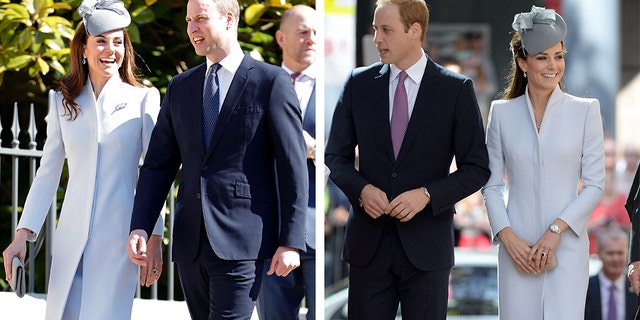 Kate Middleton recycled her light blue Alexander McQueen coat on Sunday for an Easter service at Windsor Castle. Middleton previously wore the coat on Easter in 2014 (right). This year (left), she added a brooch and the custom earrings she wore on her wedding day.