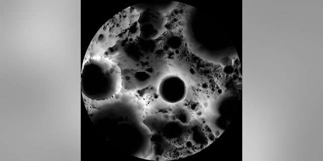 In this multi-temporal illumination map of the lunar south pole, Shackleton crater (19 km diameter) is in the center, the south pole is located approximately at 9 o'clock on its rim. The map was created from images from the camera aboard the Lunar Reconnaissance Orbiter. (Credit: NASA/GSFC/Arizona State University)