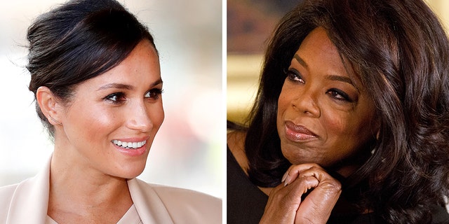 Duchess of Sussex Meghan Markle, left, and Oprah Winfrey. (Getty Images/AP)