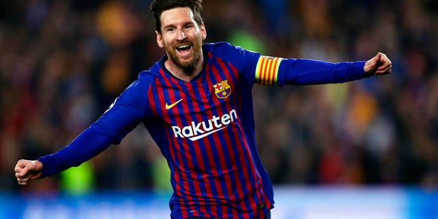Barcelona forward Lionel Messi celebrates after scoring his side's second goal during the Champions League quarterfinal, second leg, soccer match between FC Barcelona and Manchester United at the Camp Nou stadium in Barcelona, Spain, Tuesday, April 16, 2019. (AP Photo/Manu Fernandez)