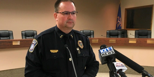 Mandan Police Chief Jason Ziegler speaks at a news conference in Mandan, N.D., Monday, April 1, 2019.