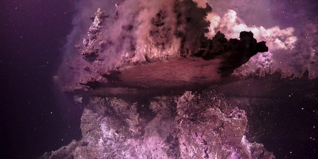 Hydrothermal fluid bubbles upward, gets trapped by a mineral ledge, and spills up and over the edge.
