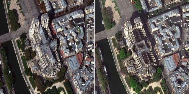Recently released satellite pictures also shows the extensive fire damage to Notre Dame; pictured left is the cathedral in September 2018; pictured right is April 17, 2019.