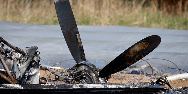 The propellor and other debris of a small plane lies in an asparagus field in the village Erzhausen near Frankfurt, Germany, Monday, April 1, 2019.