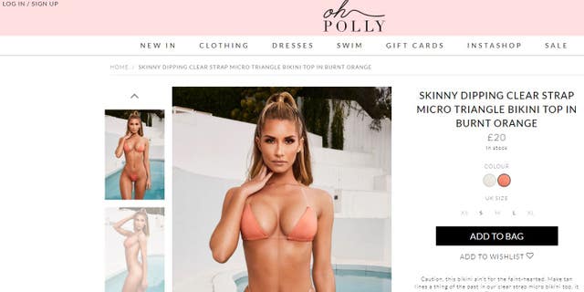 The bikini is labeled the "Skinny Dipping Clear Strap Micro Triangle Bikini."