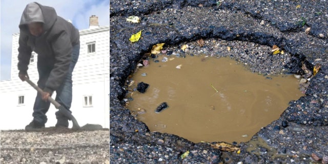 Monte Scott starting filling potholes last week using a shovel and dirt from his backyard in Muskegon Heights, Mich.