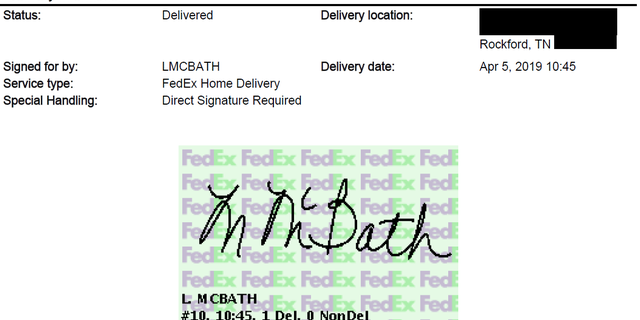 Rep. Lucy McBath accepted the gift on Friday at 10:45 a.m. and signed for it.