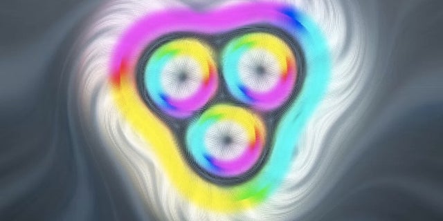 This image comes from a computer simulation of a skyrmion bag containing three skyrmions. White represents magnetic field lines pointing up, black represents lines pointing down, and other colors represent other directions.
