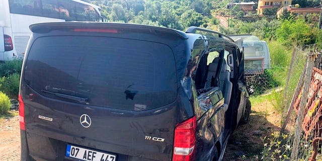 View of the damaged vehicle involved in an accident near Alanya in the province of Antalya in Turkey, Monday, April 29, 2019. The Czech international Josef Sural was killed and six other players of Alanyaspor were injured Monday when their van was involved in an accident back home after a football game of the Turkish League.