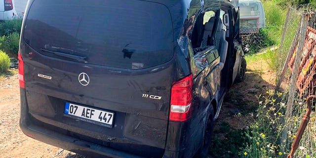 View of the damaged vehicle involved in an accident near Alanya in the province of Antalya in Turkey, Monday, April 29, 2019. The Czech international Josef Sural was killed and six other players of Alanyaspor were injured Monday when their van was involved in an accident back home after a football game of the Turkish League.