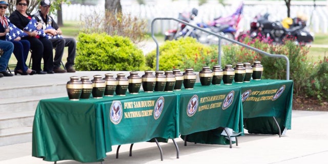 The cremated remains of 17 unclaimed military veterans were buried Friday at a ceremony at Fort Sam Houston National Cemetery in San Antonio, Texas.