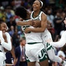Baylor players celebrate after defeating Notre Dame in the women's Final Four championship game in Tampa, April 7, 2019.
