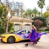 Paris Hilton showed off her fabulous figure as she color-coordinated with her custom wrapped BMW i8 ride to Week 1 of Coachella, produced by Mirrored Media in Palm Springs, Calif. in April 2019.