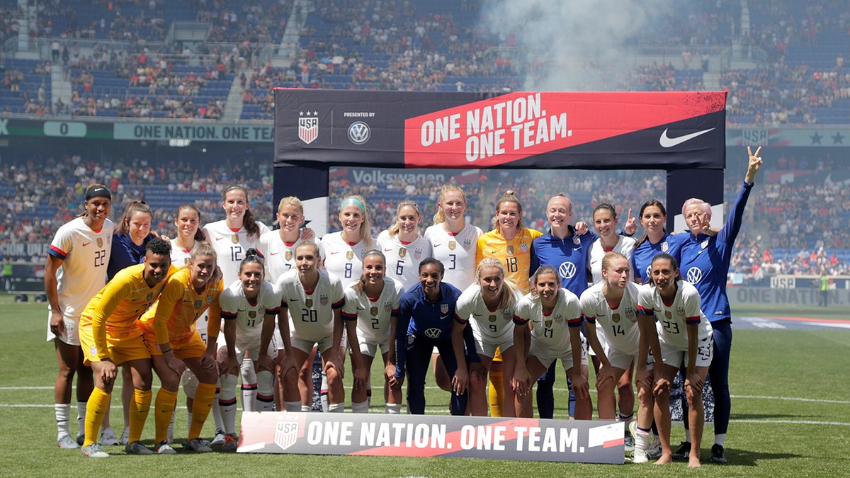 Members of the United States women's national team which is headed to the FIFA Women's World Cup, gather for fans during a send-off ceremony following an international friendly soccer match against Mexico, Sunday, May 26, 2019, in Harrison, N.J. (AP Photo/Julio Cortez)