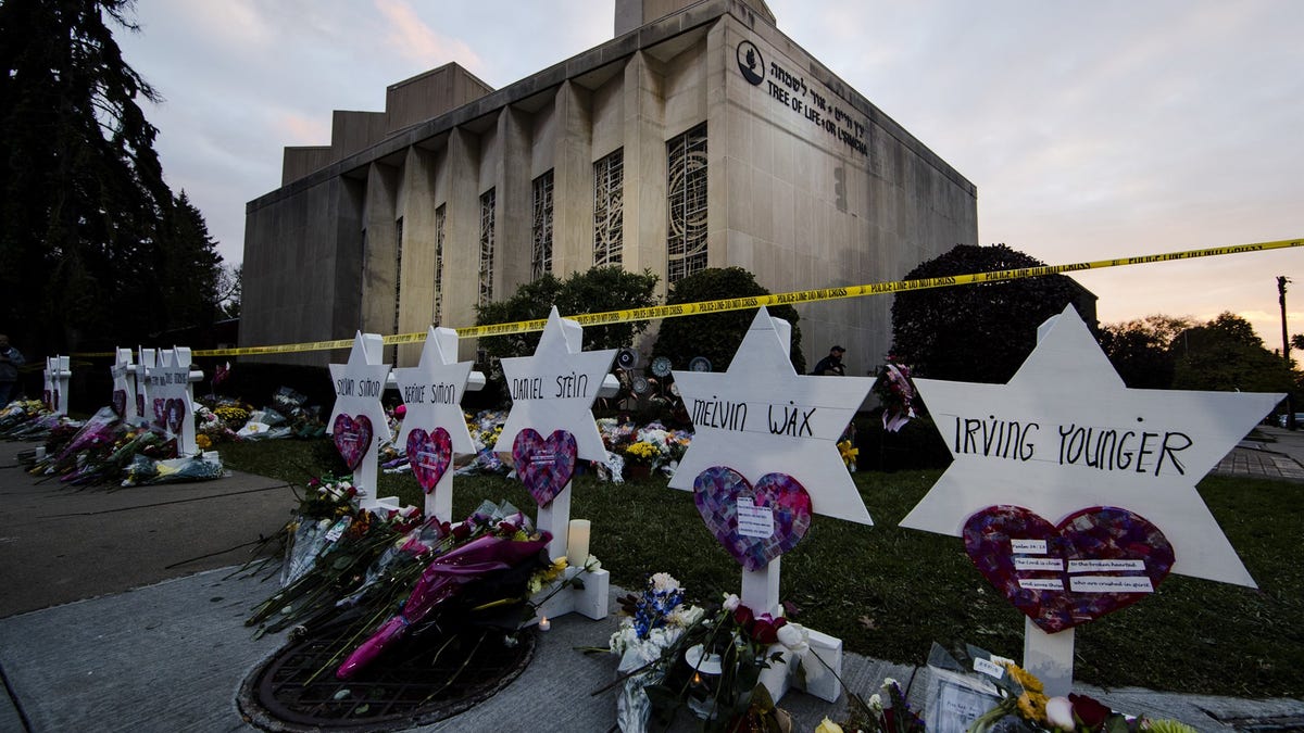 A makeshift memorial stands outside the Tree of Life Synagogue in the aftermath of a deadly shooting in Pittsburgh, Pennsylvania, on Oct. 29, 2018. Matt Rourke / AP