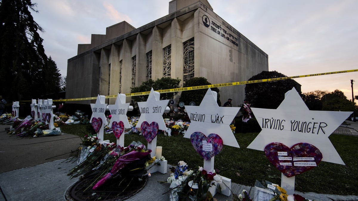 A makeshift memorial stands outside the Tree of Life Synagogue in the aftermath of a deadly shooting in Pittsburgh, Pennsylvania, on Oct. 29, 2018. Matt Rourke / AP