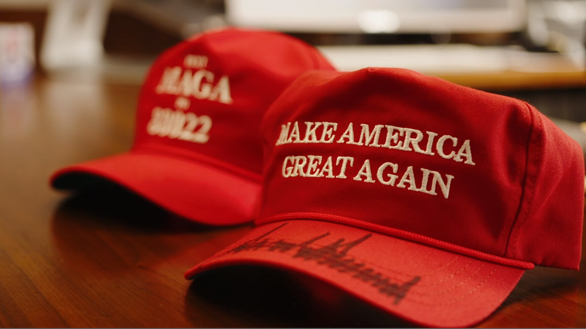 The millionth “MAGA” hat produced by the campaign since 2015. The campaign had Trump sign it, and plans to give it away as part of a contest. (Zach Trinca/Fox News).