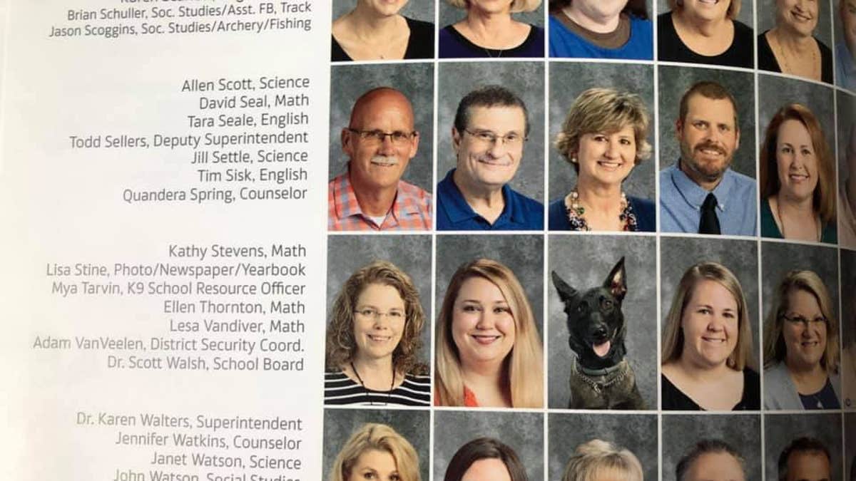 K-9 Mya, a school resource officer at Bryant High School in Arkansas, was featured in the school's yearbook.