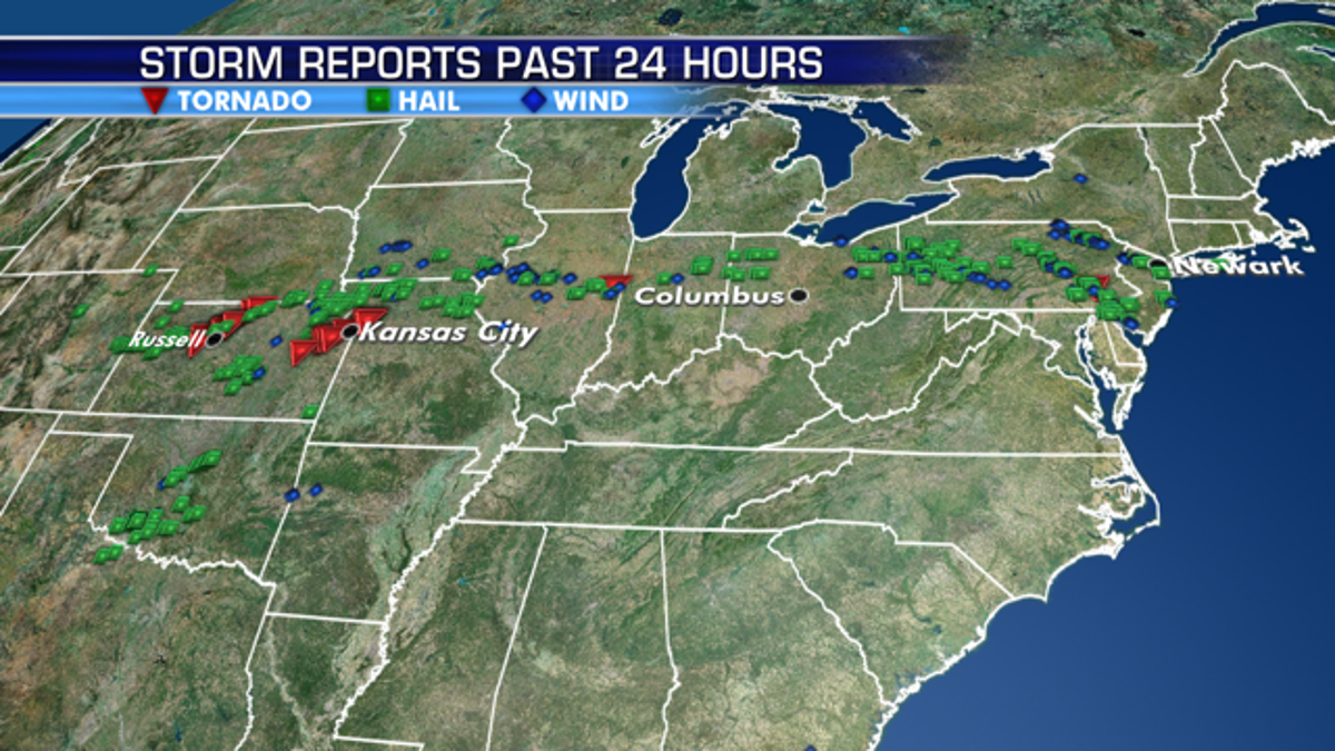 Storm reports on Tuesday stretched from the Kansas City metro area all the way to the Northeast.