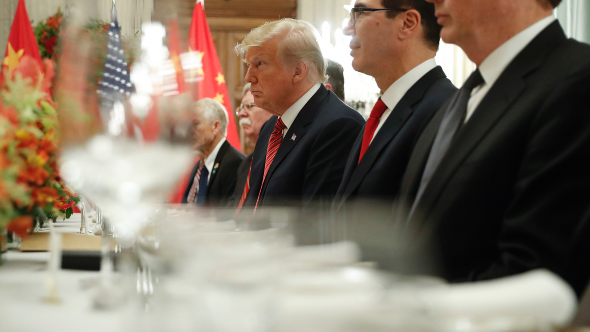 President Trump and Treasury Secretary Steve Mnuchin, second from right, listening to remarks by Chinese President Xi Jinping during a bilateral meeting at the G20 Summit in December 2018. (AP Photo/Pablo Martinez Monsivais, File))